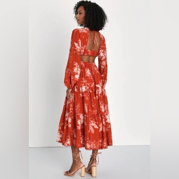 Lulu’s Striking Impression Orange Floral Print Tiered Midi Dress Size Medium NWT - Picture 2 of 7